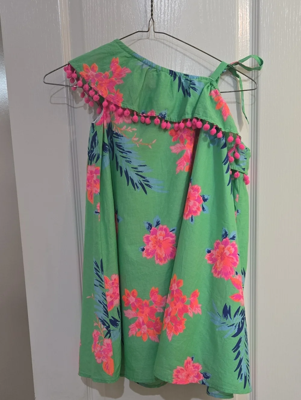 Tommy Bahama Green Floral One-Shoulder Dress with Pink Pom Trim Girls Size 7